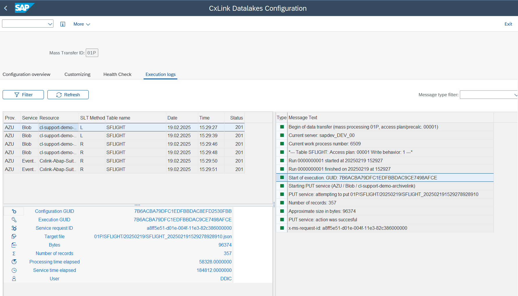 Execution log with data